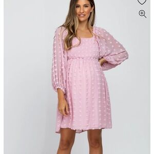 Pink Textured Dot Smocked Square Neck Chiffon Maternity Dress L
